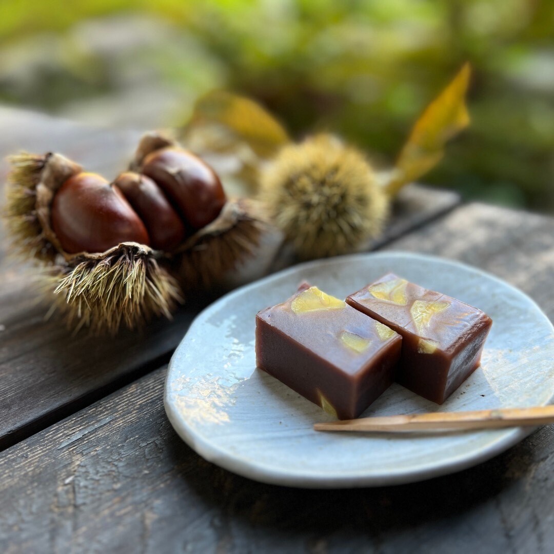 栗の羊かんが皿の上にのっている