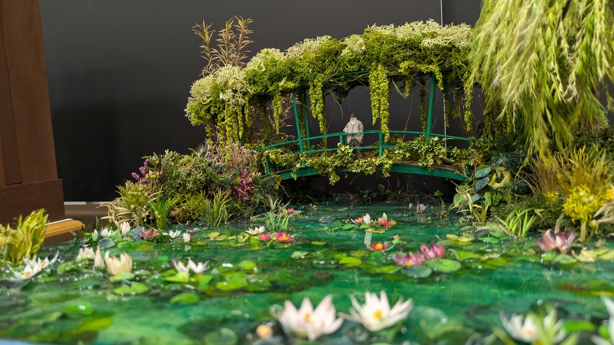 睡蓮の風景と、その睡蓮を眺める1人の老人