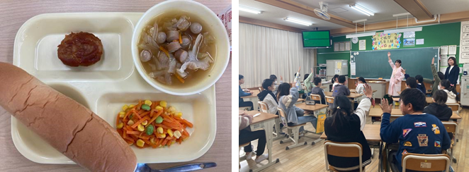 学校給食の内容と学校訪問で子どもたちと交流する様子