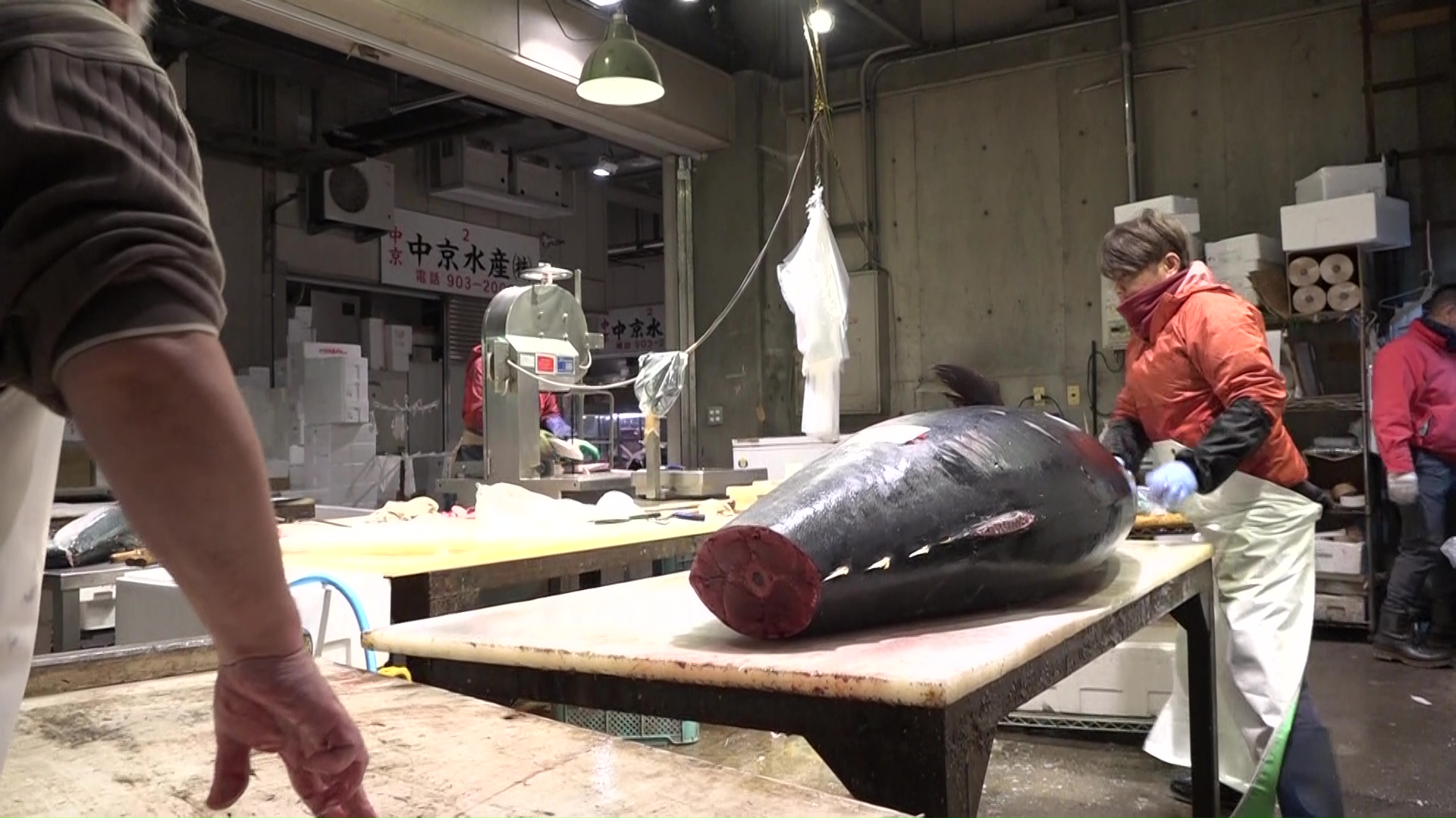 机の上にのったマグロをさばく人