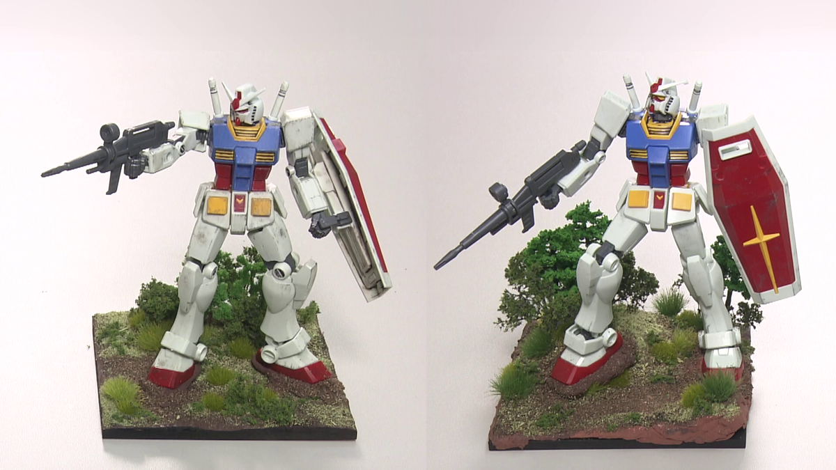 ジオラマにガンダムモデルを立たせた様子