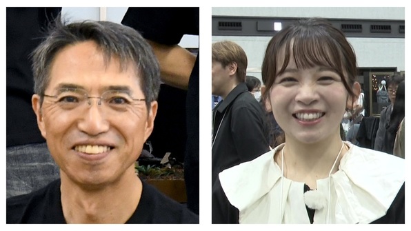 （左から）どろぼうひげさんと上釜美憂アナウンサー